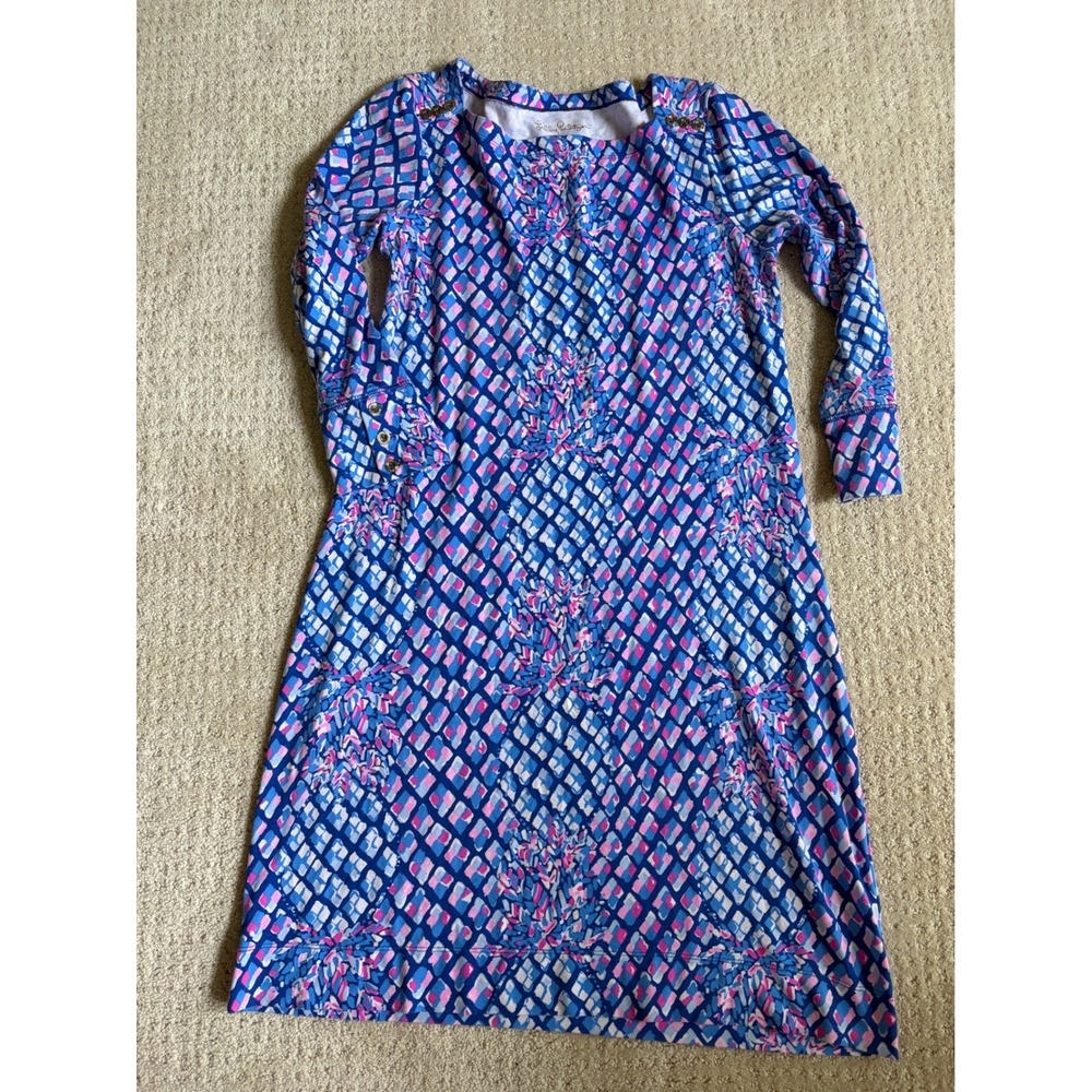 Lilly Pulitzer Hollee Dress Blue Pink‎ Geometric Coral Gold Button Knit Small